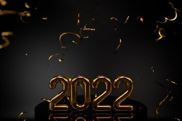 Happy New 2022 Year. Holiday vector illustration of golden metallic numbers 2022 and sparkling glitters pattern. Realistic 3d sign. Festive poster or banner design