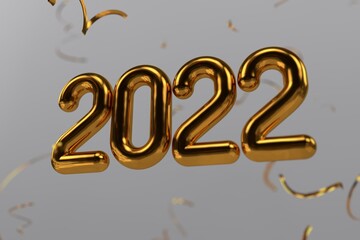 Happy New 2022 Year. Holiday vector illustration of golden metallic numbers 2022 and sparkling glitters pattern. Realistic 3d sign. Festive poster or banner design