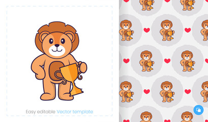 Seamless pattern with cartoon lion on white background. Can be used on packaging paper, cloth and others.