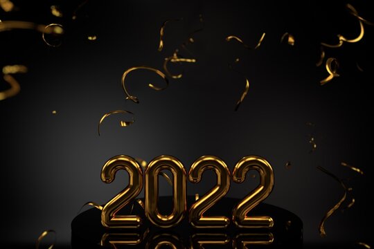 Happy New 2022 Year. Holiday vector illustration of golden metallic numbers 2022 and sparkling glitters pattern. Realistic 3d sign. Festive poster or banner design