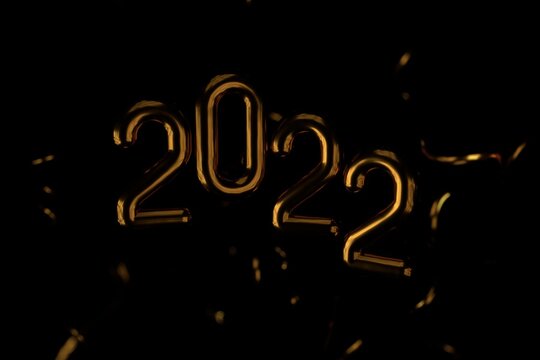 Happy New 2022 Year. Holiday vector illustration of golden metallic numbers 2022 and sparkling glitters pattern. Realistic 3d sign. Festive poster or banner design