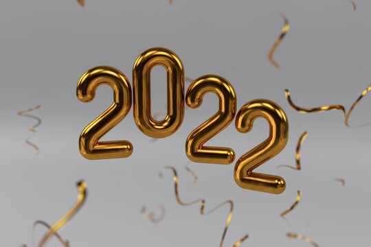 Happy New 2022 Year. Holiday vector illustration of golden metallic numbers 2022 and sparkling glitters pattern. Realistic 3d sign. Festive poster or banner design