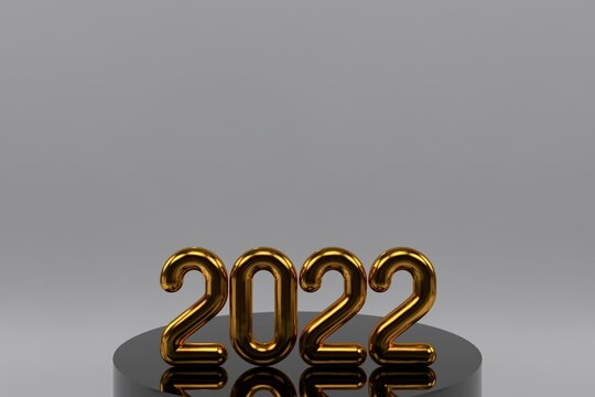 Happy New 2022 Year. Holiday vector illustration of golden metallic numbers 2022 and sparkling glitters pattern. Realistic 3d sign. Festive poster or banner design