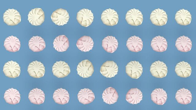 Colorful pattern of pink and white zephyr. Seamless pattern with zephyr. Marshmallow. Top view. Realistic animation. 4K video motion
