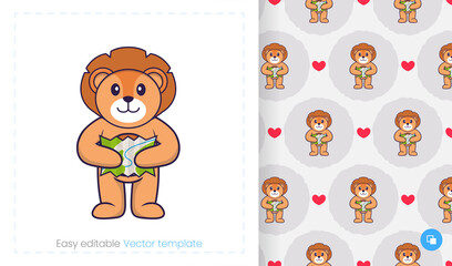 Fototapeta premium Seamless pattern with cartoon lion on white background. Can be used on packaging paper, cloth and others.