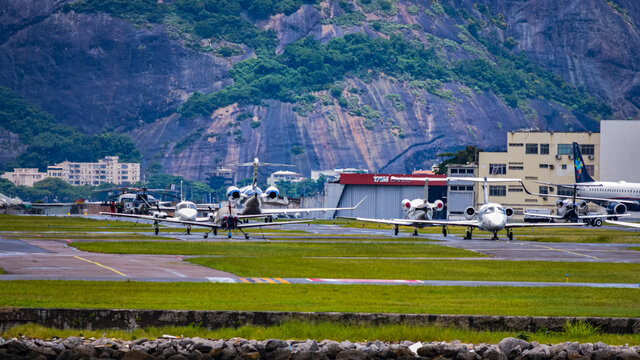 Rio de Janeiro, Brazil - December, 2020: Brazilian commercial plane taxiing on the runway of Santos Dumont national airport