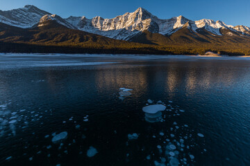 Frozen methane bubbles under ice of Spray lake, Canada