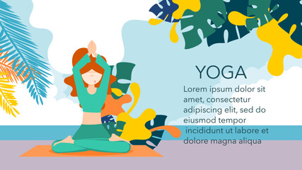 Yoga meditation. Body and mind therapy. Yoga balances the body. Flat concept. Relaxing woman with yoga on the beach. Vector illustration. Healing body and mind