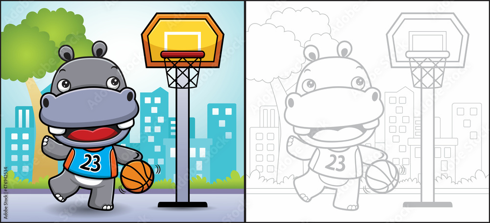 Wall mural cartoon of hippo playing basketball on buildings background. coloring book or page