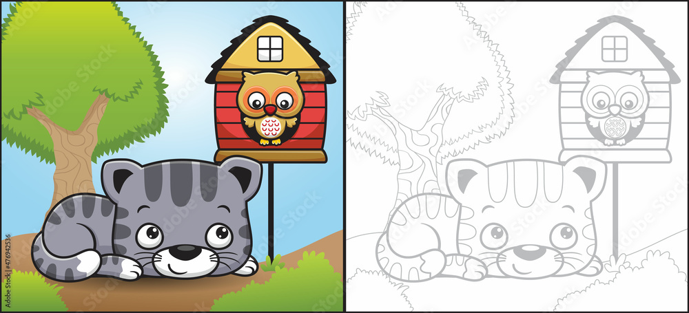 Wall mural Cartoon of cute cat laying down with owl in its cage. Coloring book or page