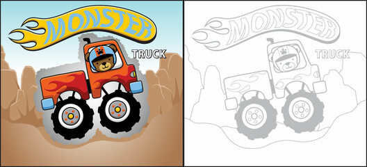 Cartoon of cute bear wearing helmet driving monster truck on mountains rock background. Coloring book or page © Bhonard21