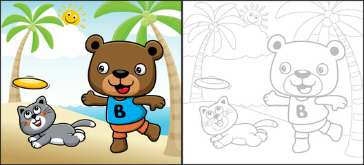 Cartoon of bear play flying disc with cat in beach. Coloring book or page