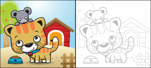 Cartoon of Funny cat with little mouse. Coloring book or page