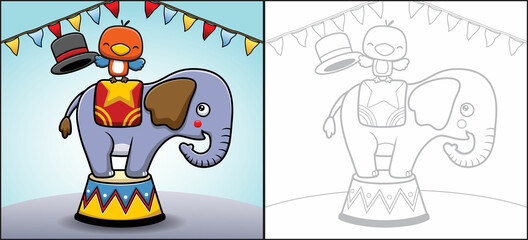 Naklejka premium Cartoon of elephant with little bird in circus show. Coloring book or page