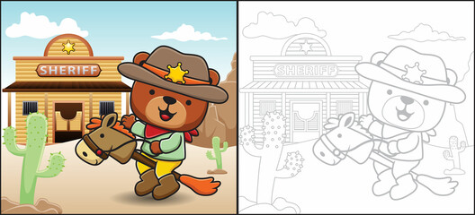 Cartoon of funny bear in cowboy costume ride stick horse toy on sheriff office background. Coloring book or page