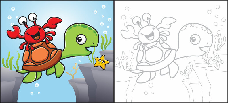 Crab on turtle's back with funny starfish. Coloring book or page