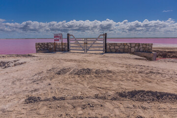 Fototapeta na wymiar Salt pink lagoon in Las Coloradas, Yucatan, Mexico