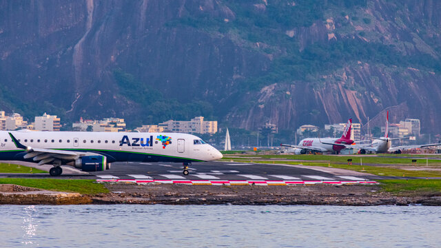 Rio de Janeiro, Brazil - CIRCA 2020: Brazilian commercial plane taxiing on the runway at Santos Dumont national airport