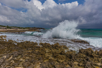 Rocky formation on the Caribbean shore in Mexico, Isla Mujeres.