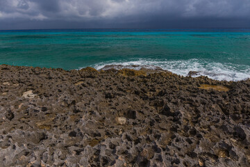 Rocky formation on the Caribbean shore in Mexico, Isla Mujeres.