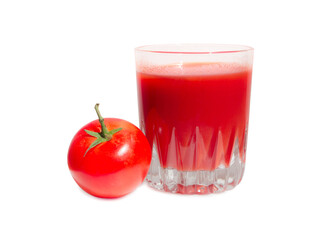 Tomatoes juice and tomato fruit on white background.