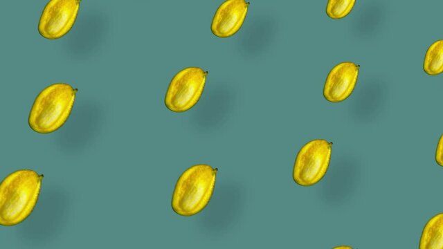Colorful fruit pattern of fresh mango on green background with shadows. Seamless pattern with mango. Realistic animation. 4K video motion