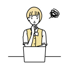 デスクで座ってPCを開いて困っている事務員制服の女性