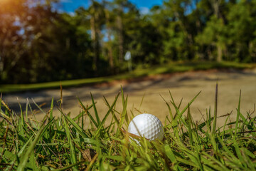 Golf ball is on a green lawn in a beautiful golf course with morning sunshine.Ready for golf in the first short.Sports that people around the world play during the holidays for health