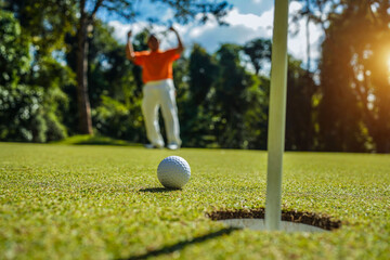 Golfer action to win after long putting golf ball on the green golf, lens flare on sun set evening time.