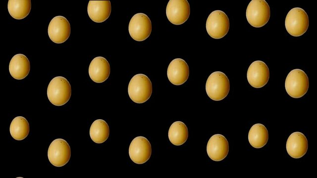 Colorful pattern of chicken eggs on black background. Seamless pattern with egg. Top view. Realistic animation. 4K video motion