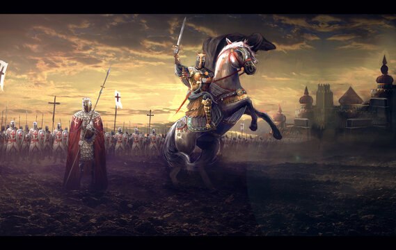 general leading crusaders knights into war	
