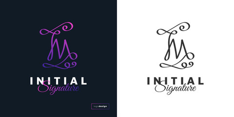 Fototapeta na wymiar Abstract and Elegant Letter M Logo Design with Handwriting Style in Purple Gradient. M Signature Logo or Symbol for Business Identity