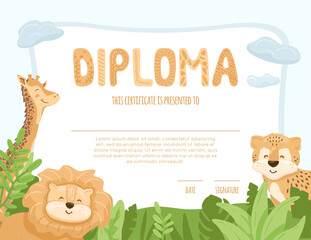 Diploma kids template with cute jungle animals. Certificate for kindergarten, primary grades with lion baby, cheetah and giraffe. Abstract green leaves border. Summer background. Vector cartoon print
