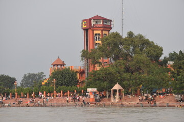 Ganges bank , with river tree and tower