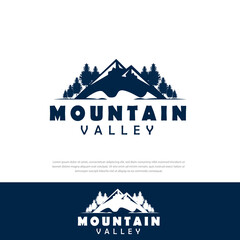 Mountain and pine tree logo nature adventure, campsite and valley
