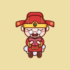 cute cartoon caishen god in chinese new year, reading a book. vector illustration for mascot logo or sticker