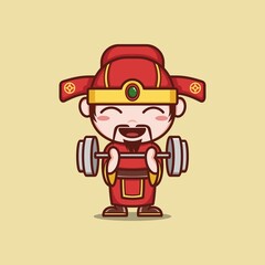 cute cartoon caishen god in chinese new year, exercising gym or fitness. vector illustration for mascot logo or sticker