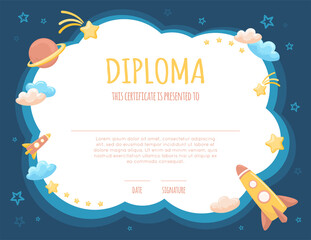 Diploma for kids with space, rocket, stars, clouds and planet. School, preschool, kindergarten certificate template. Vector cartoon illustration, colorful background with night sky, copy space