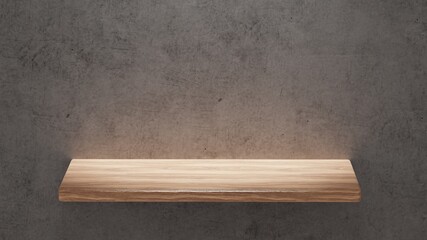 woodeen floor and podium in front of dark cement wall background with spotlighing. product presentation. 3d rendered.