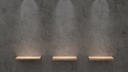woodeen floor and podium in front of dark cement wall background with spotlighing. product presentation. 3d rendered.