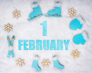 February 1st. Sports set with blue wooden skates, skis, sledges and snowflakes and a calendar date....