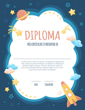 School, preschool certificate, diploma for kids with space, rocket, stars, clouds and planet. Vector cartoon illustration for kindergarten award, colorful background with night sky, copy space