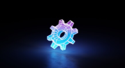 icon, gear, setting, application, perspective, neon, blue, beautiful, colorful, black, serials, hologram, cyber, abstract, background, glow, electric, symbol