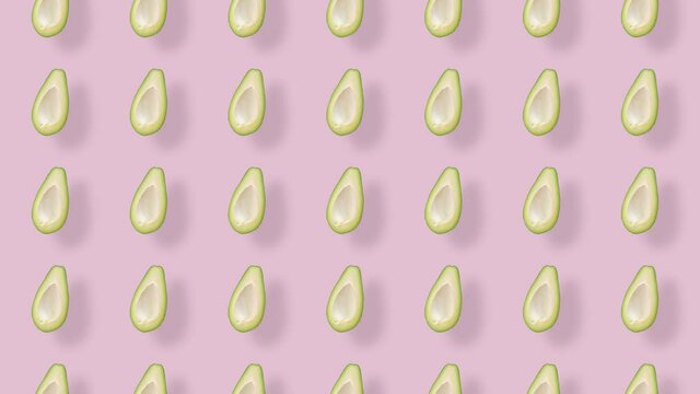 Colorful fruit pattern of fresh avocados on pink background with shadows. Seamless pattern with avocado. Realistic animation. 4K video motion