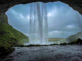 Beautiful aerial footage of the Seljalandsfoss and Gljufrabui waterfalls in Iceland on summer