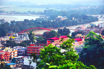 Fototapeta premium top view, with river tree and same building in city