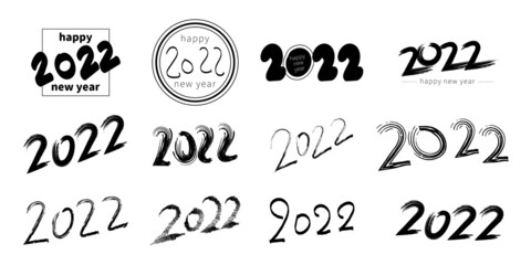 Big Set of 2022 Happy New Year logo text design. 2022 number design template. Collection of 2022 happy new year symbols. Vector illustration with black labels isolated on white background.