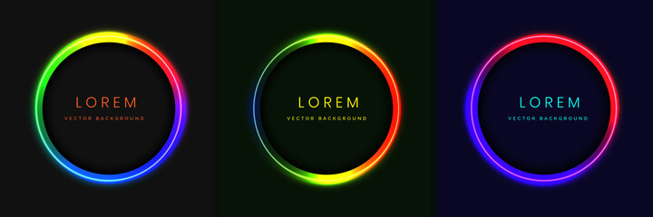 Set of blue, red, green, pink circle neon lighting frame design on dark background with copy space for text.