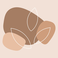 Abstract spots with leaves. Lines, doodle, modern, minimalism.
