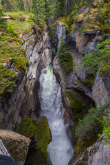 The Maligne River as it flows through the deep gorges of the Maligne Canyon in Jasper National Park in Alberta Canada